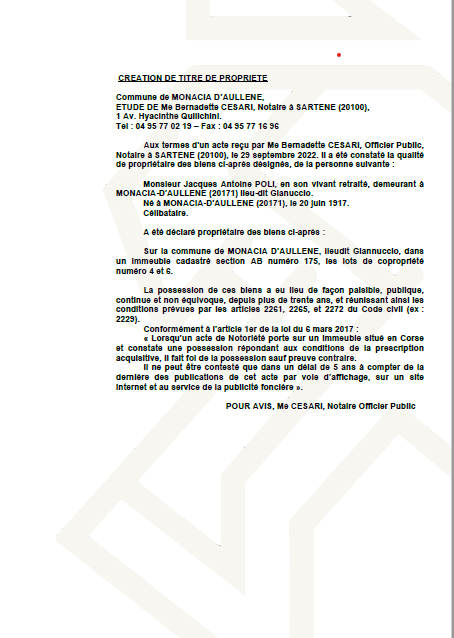  Avis de création de titre de propriété - Commune de Monaccia-d'Aullene (Corse-du-Sud)