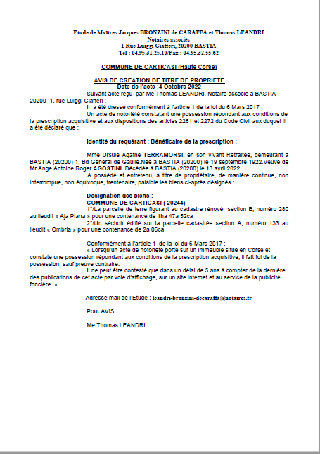 Avis de création de titre de propriété - Commune de Carticasi (Haute-Corse)