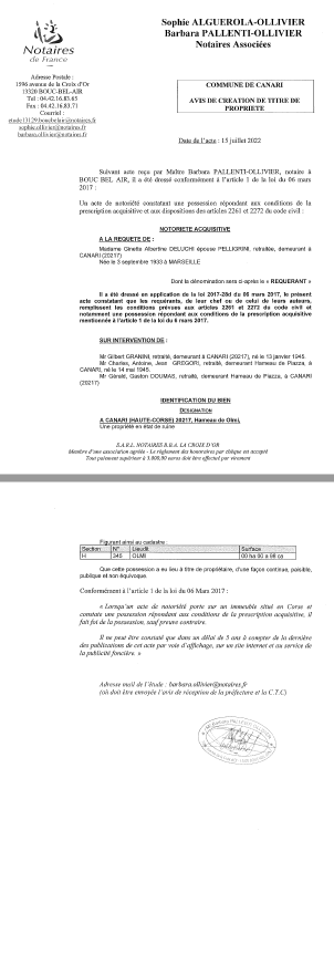 Avis de création de titre de propriété - Commune de Canari (Haute-Corse)