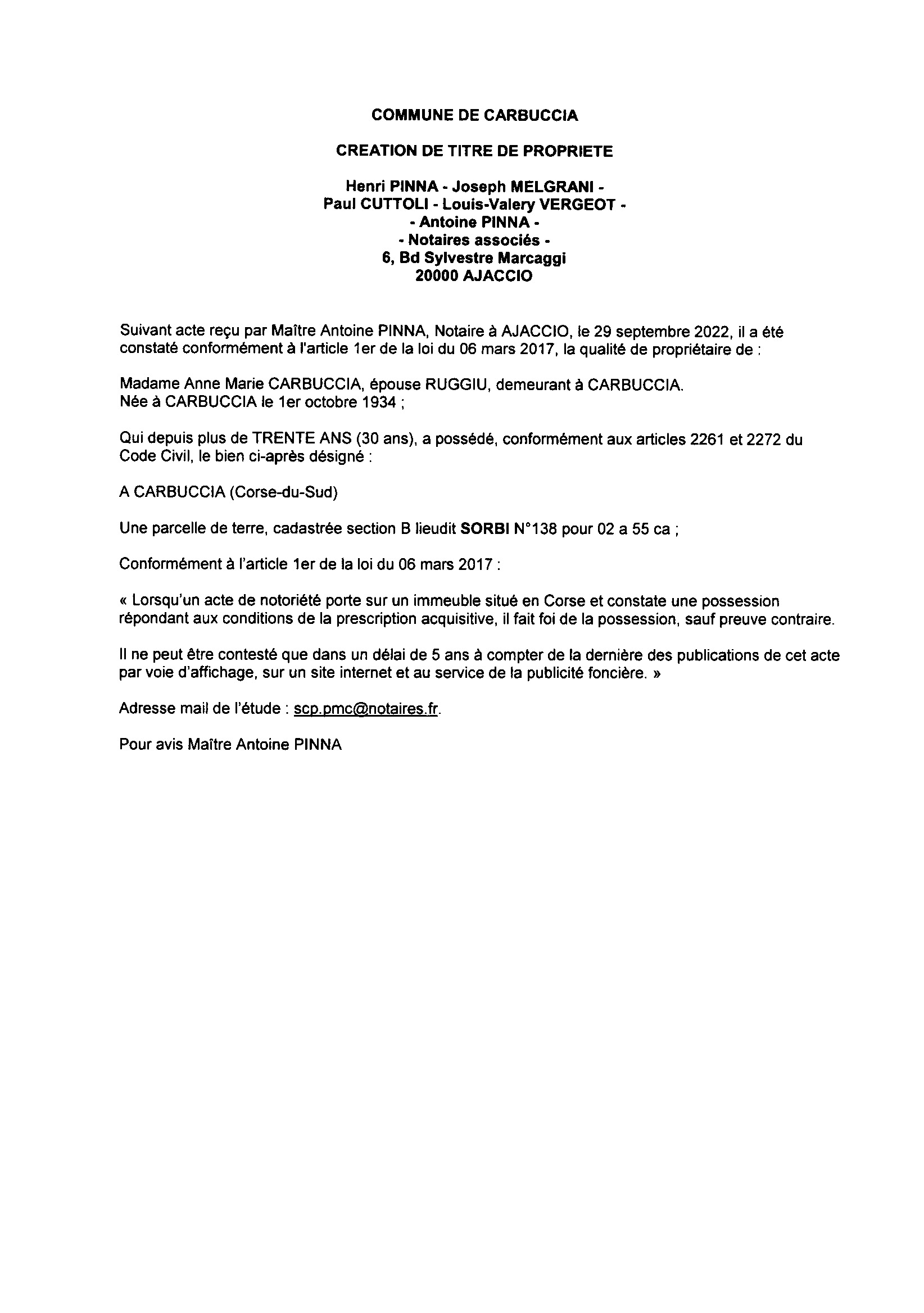 Avis de création de titre de propriété - Commune de Carbuccia (Corse-du-Sud)