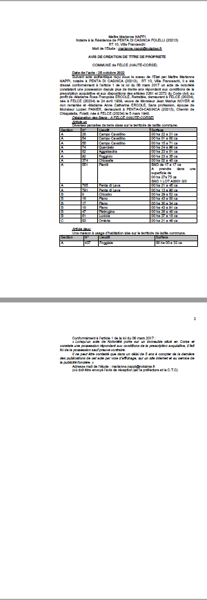 Avis de création de titre de propriété - Commune de Felce (Haute-Corse) Avis de création de titre de propriété - Commune de Felce (Haute-Corse)