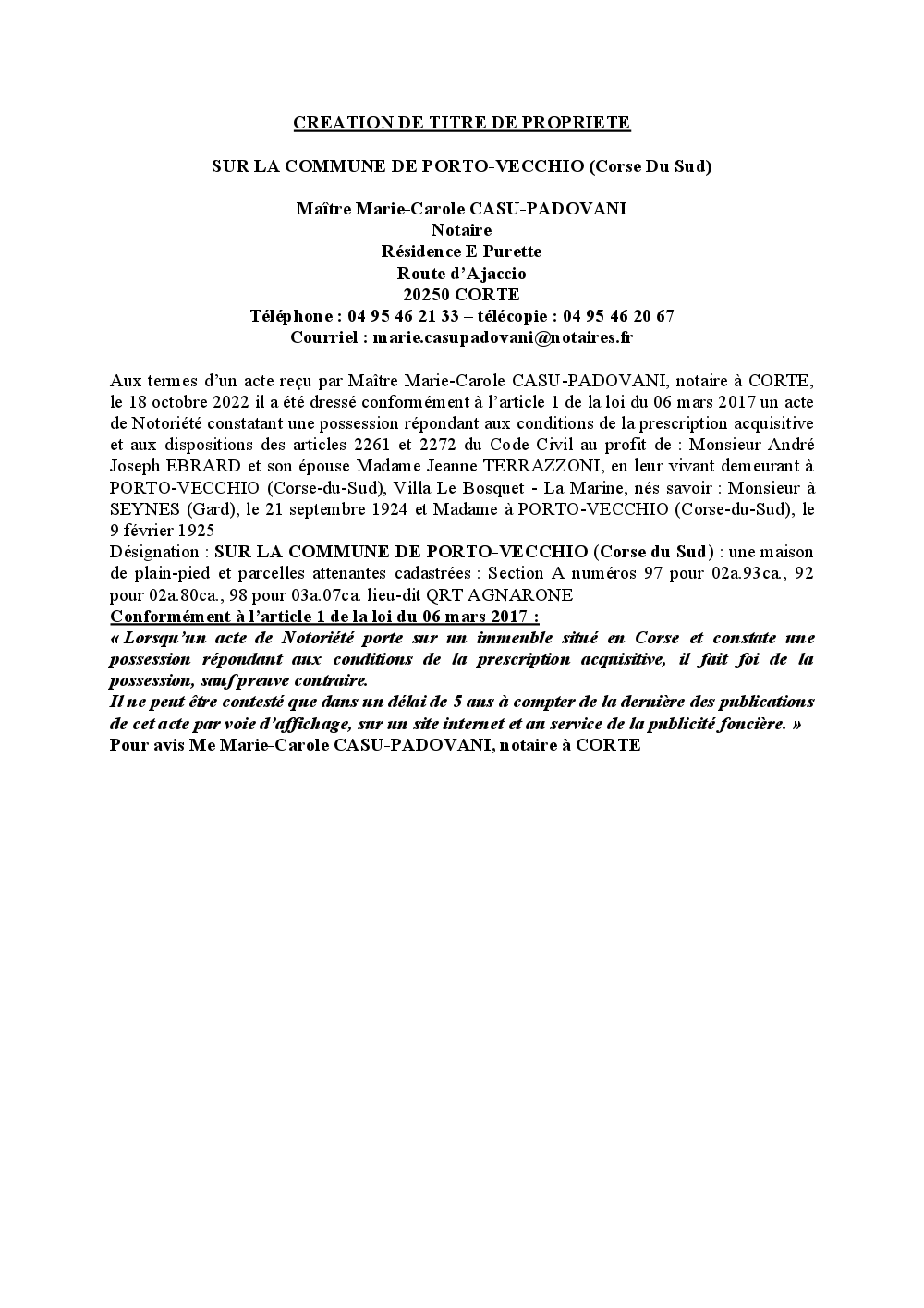 Avis de création de titre de propriété - Commune de Porto-Vecchio (Corse-du-Sud)