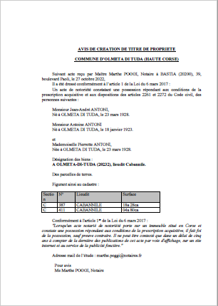  Avis de création de titre de propriété - Commune d'Olmeta di Tuda (Haute-Corse)