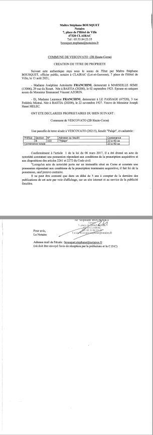 Avis de création de titre de propriété - Commune de Vescovato (Haute-Corse)