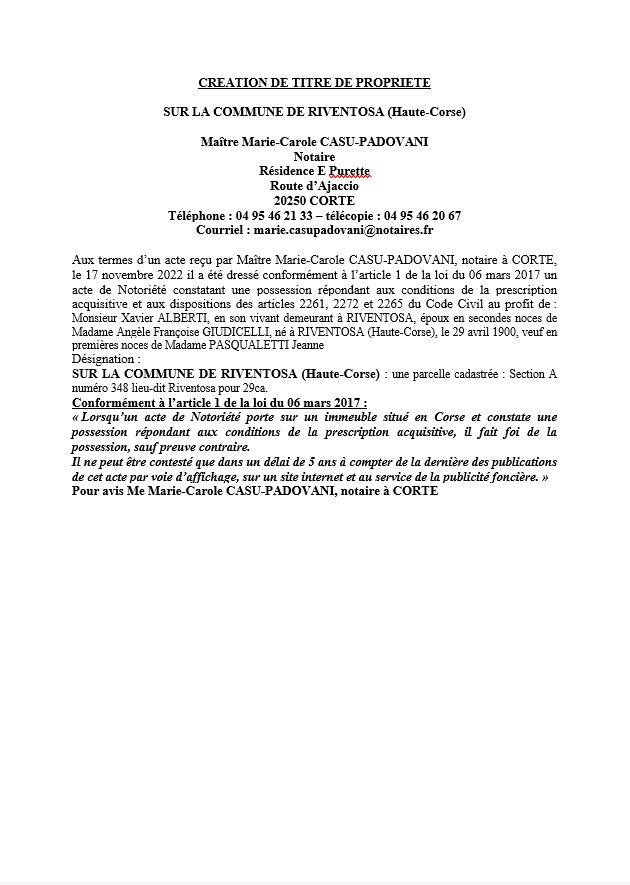  Avis de création de titre de propriété - Commune de Riventosa (Haute-Corse)