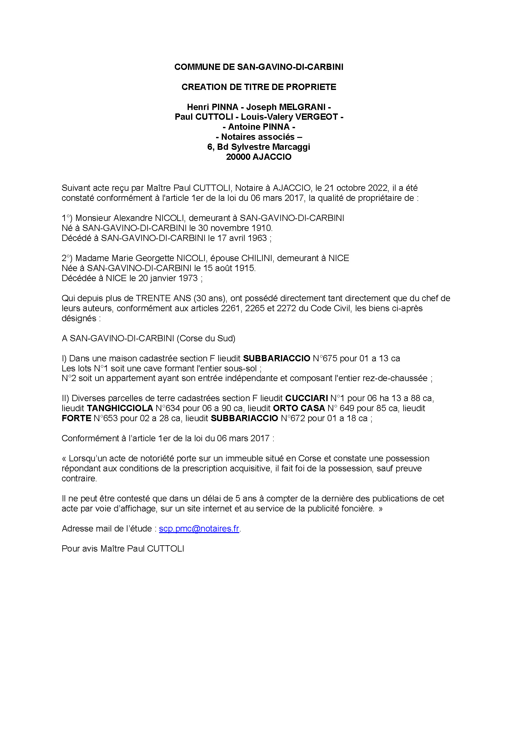  Avis de création de titre de propriété - Commune de San-di-Gavino-di-Carbini (Corse-du-Sud)