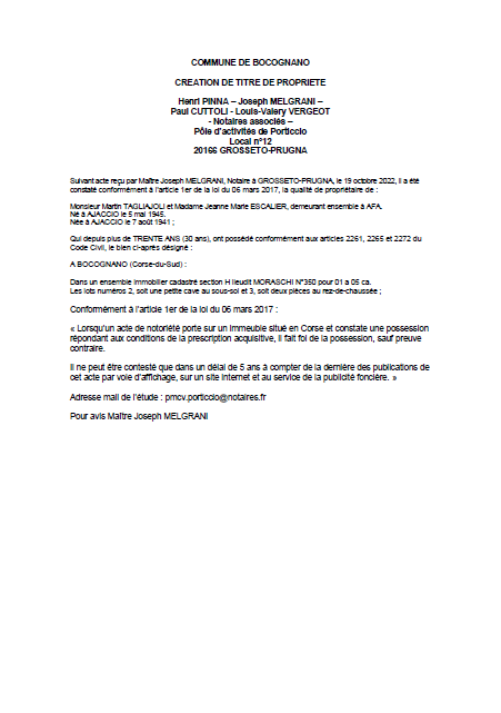 Avis de création de titre de propriété - Commune de Bocognano (Corse-du-Sud) Avis de création de titre de propriété - Commune de Bocognano (Corse-du-Sud)