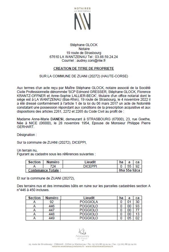 Avis de création de titre de propriété - Commune de Zuani (Haute-Corse)