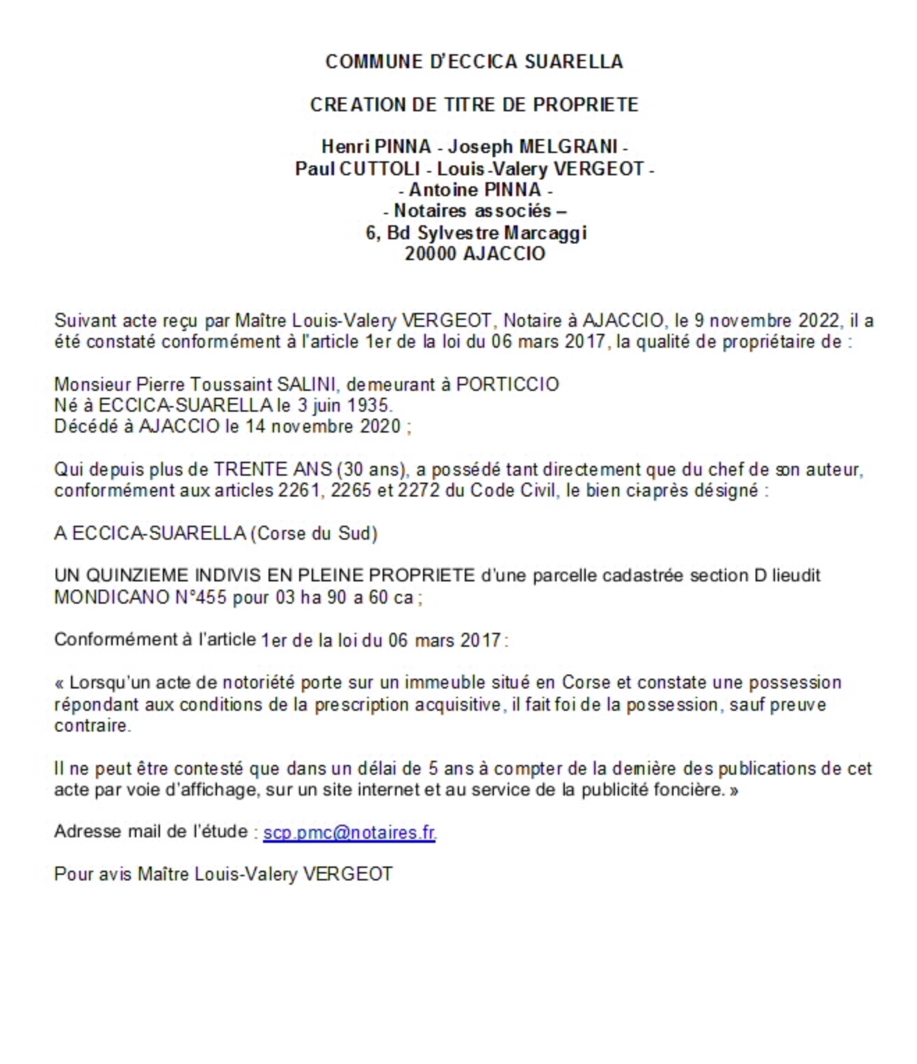 Avis de création de titre de propriété - Commune d'Eccica-Suarella  (Corse-du-Sud)