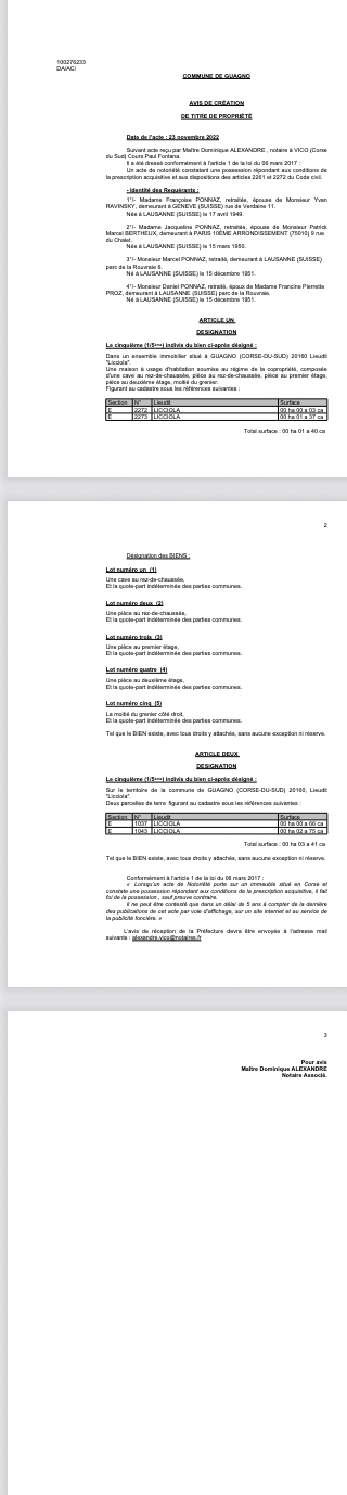  Avis de création de titre de propriété - Commune de Guagno (Corse-du-Sud)