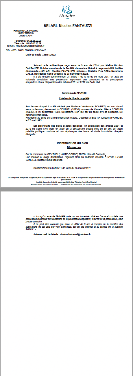  Avis de création de titre de propriété - Commune de Centuri (Haute-Corse)