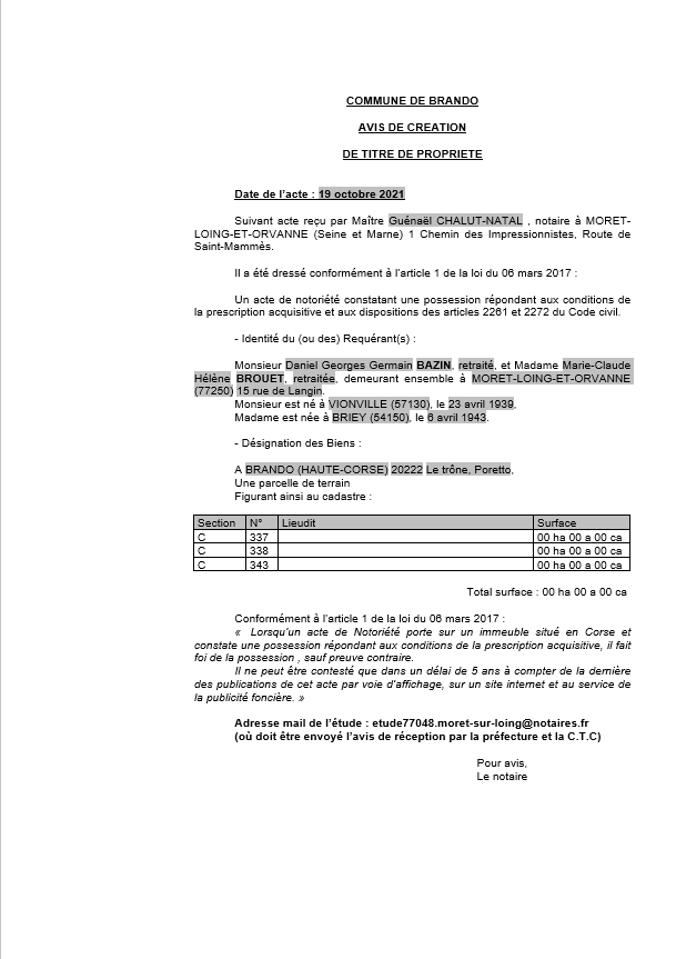 Avis de création de titre de propriété - Commune de Brando (Haute-Corse)