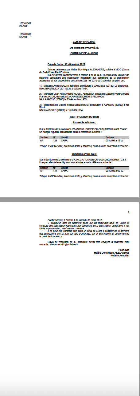 Avis de création de titre de propriété - Commune d'Ajaccio (Corse-du-Sud)