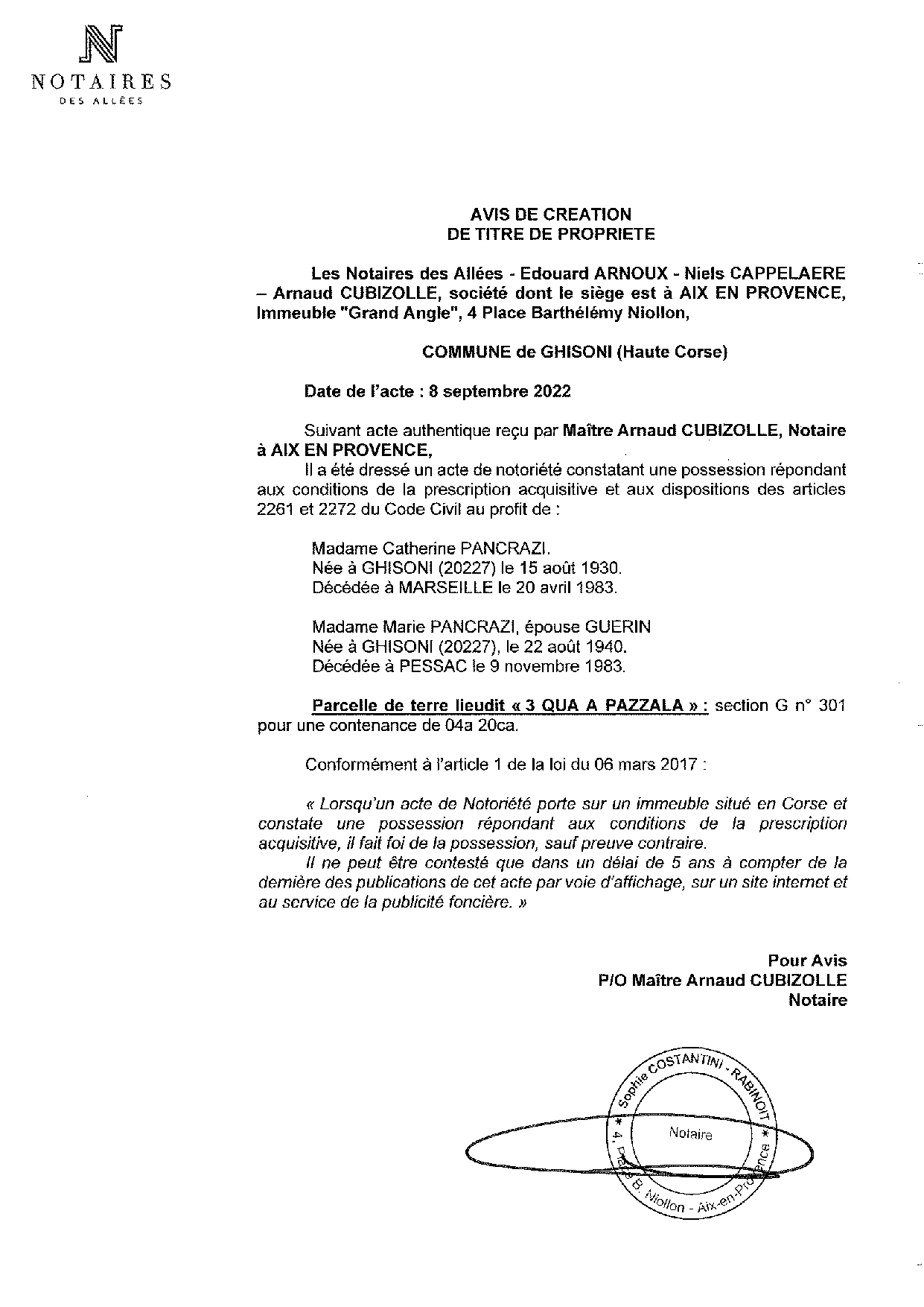 Avis de création de titre de propriété -Commune de Ghisoni (Haute-Corse)