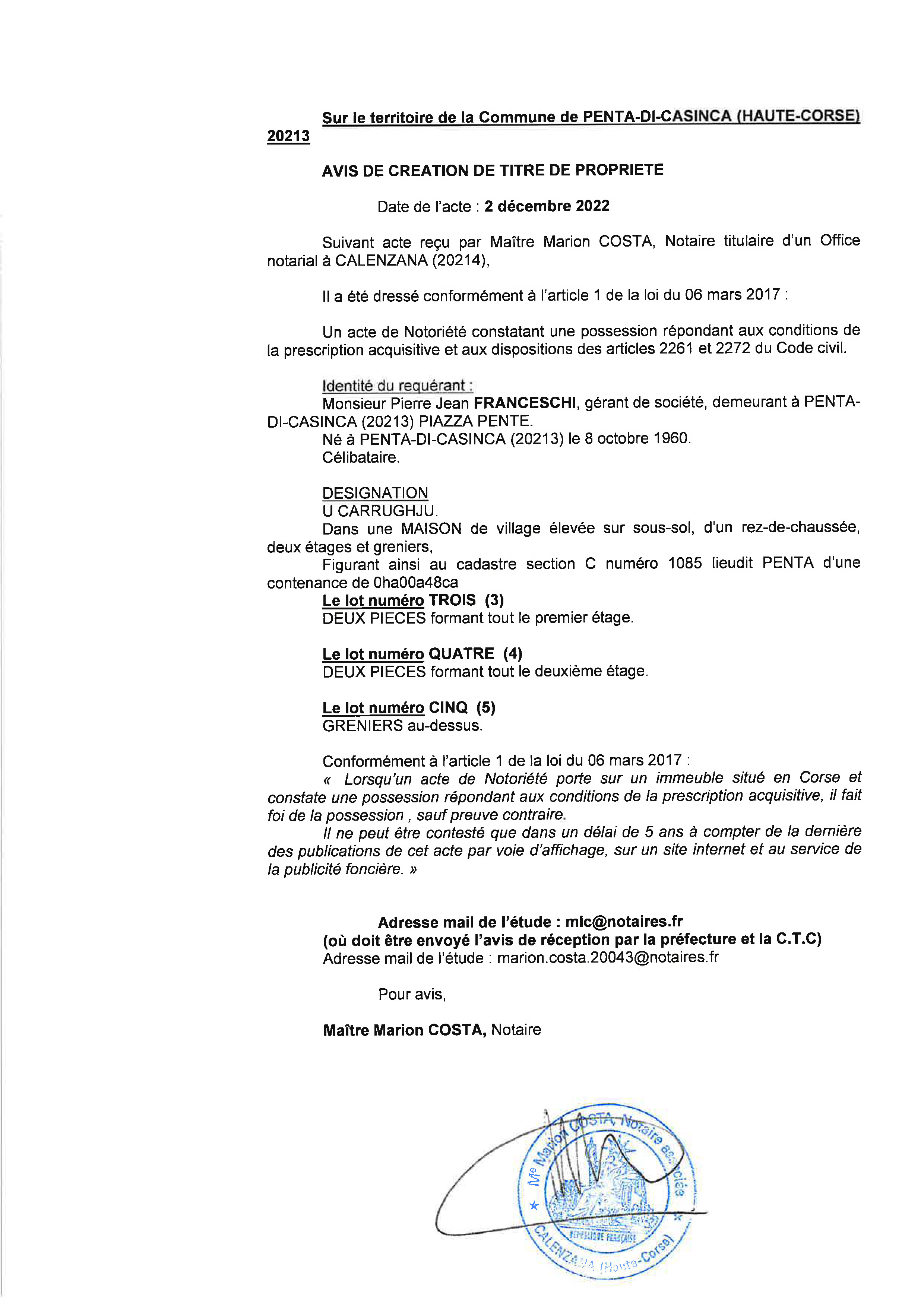 Avis de création de titre de propriété - Commune de Penta-di-Casinca (Haute-Corse)