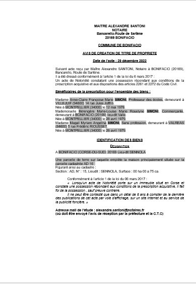 Avis de création de titre de propriété -Commune de Bonifacio (Corse-du-Sud)