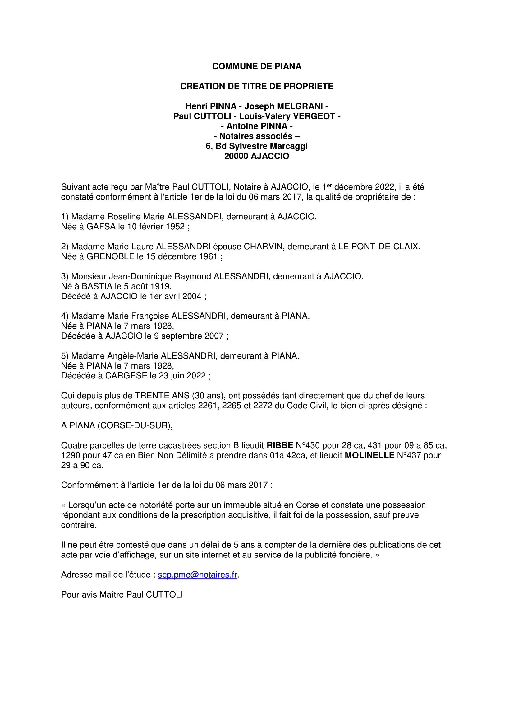 Avis de création de titre de propriété -Commune de Piana (Corse-du-Sud) 