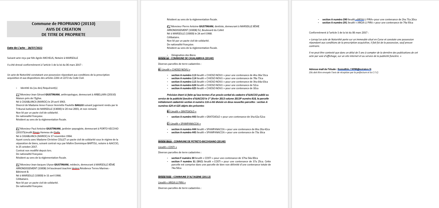 Avis de création de titre de propriété -Commune de Propriano (Corse-du-Sud) 