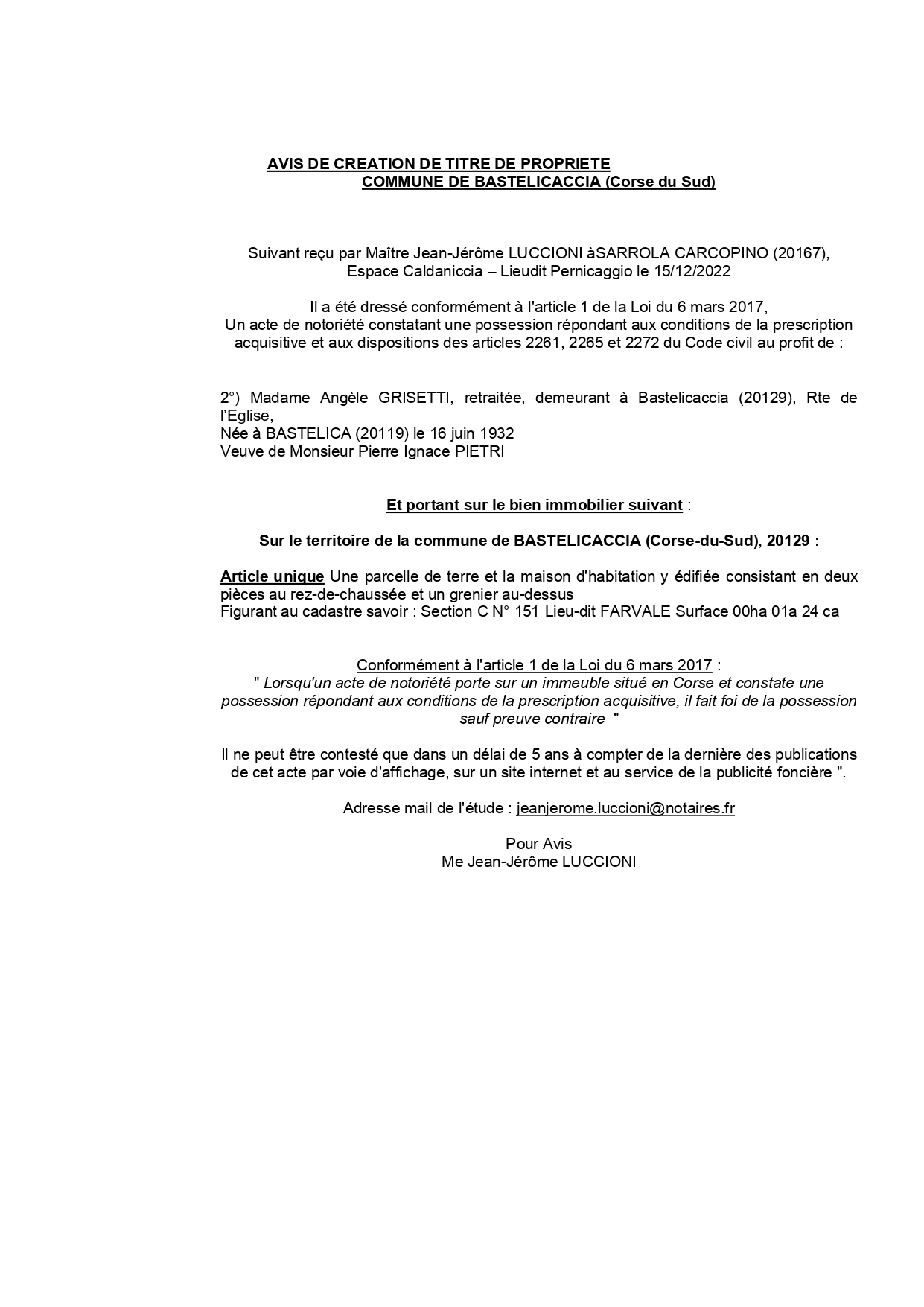 Avis de création de titre de propriété -Commune de Bastelicaccia (Corse-du-Sud) 