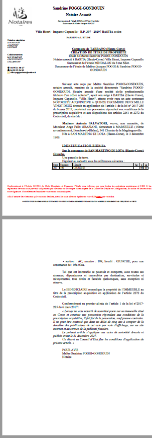 Avis de création de titre de propriété -Commune de Tarrano (Haute-Corse)