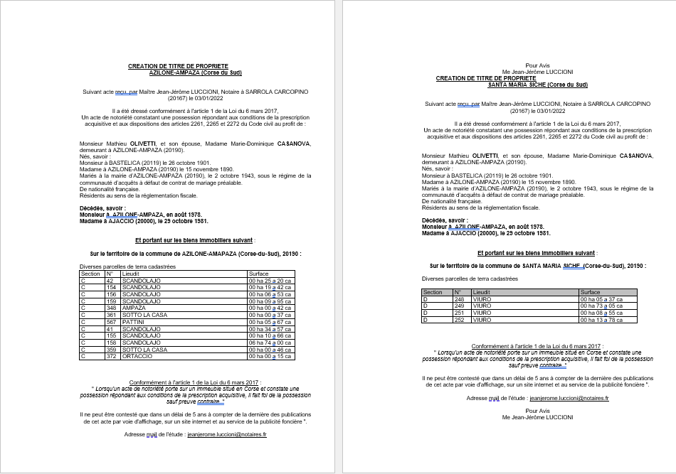 Avis de création de titre de propriété -Communes d'Azilone-Ampaza et Santa-Maria-Siché (Corse-du-Sud)