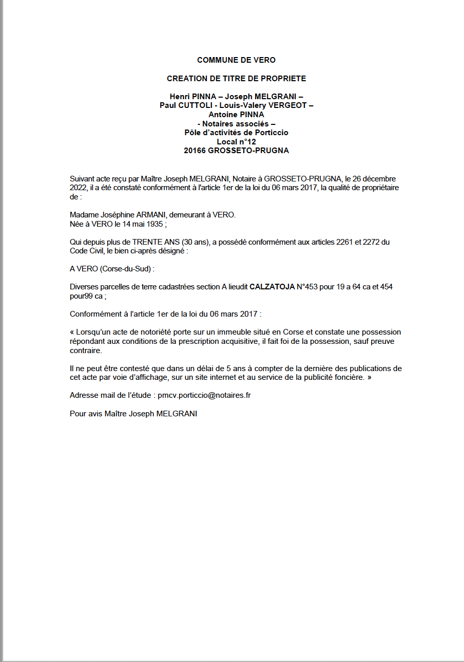 Avis de création de titre de propriété - Commune de Vero (Corse-du-Sud)
