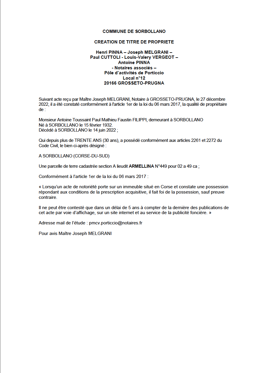  Avis de création de titre de propriété - Commune de Sorbollano (Corse-du-Sud)