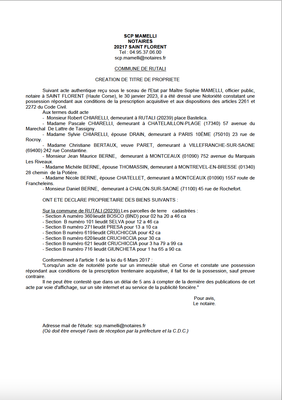 Avis de création de titre de propriété - Commune de Rutali (Haute-Corse)