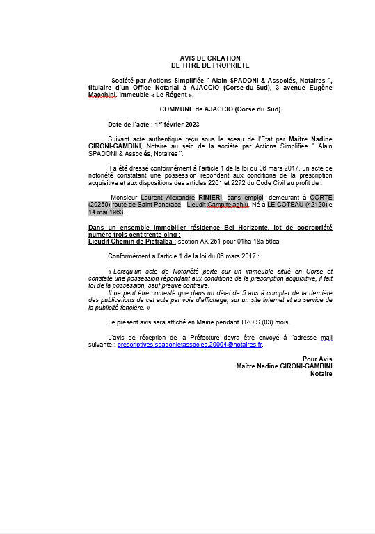 Avis de création de titre de propriété - Commune d'Ajaccio (Corse-du-Sud)