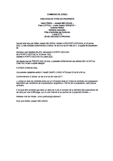 Avis de création de titre de propriété - Commune de Zonza (Corse-du-Sud)