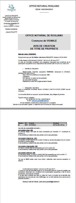 Avis de création de titre de propriété - Commune de Vignale (Haute-Corse)