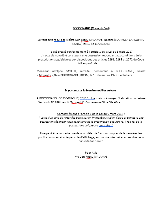 Avis de création de titre de propriété - Commune de Bocognano (Corse-du-Sud)