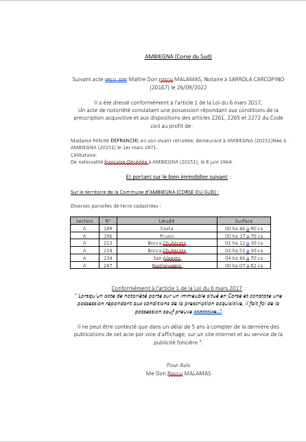 Avis de création de titre de propriété - Commune d'Ambiegna (Corse-du-Sud)