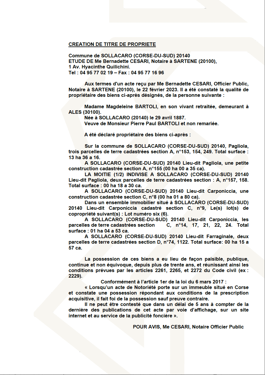 Avis de création de titre de propriété - Commune de Suddacarò (Pumonti)