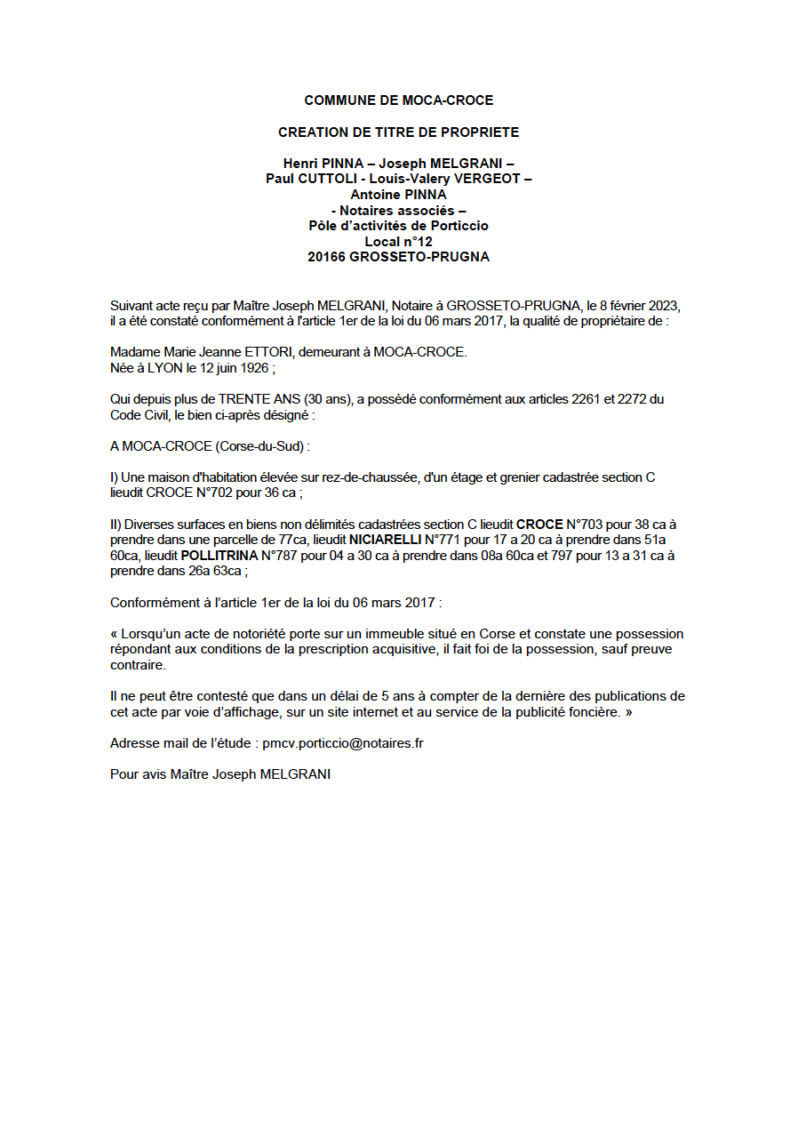 Avis de création de titre de propriété - Commune de Macà è Croci (Pumonti)