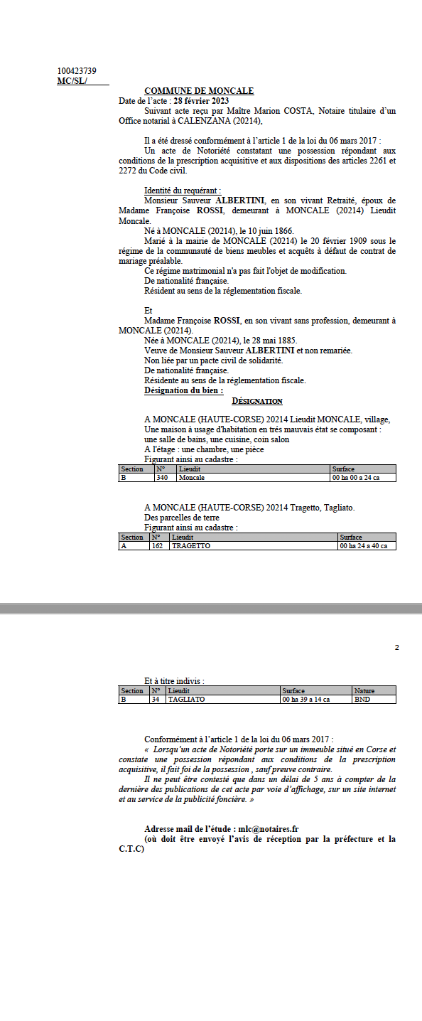 Avis de création de titre de propriété - Commune d'U Mucale (Cismonte)