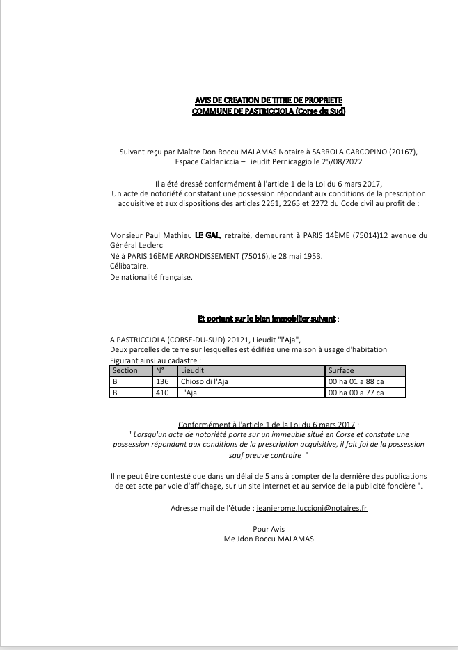 Avis de création de titre de propriété - Commune d'A Pastricciola (Pumonti)