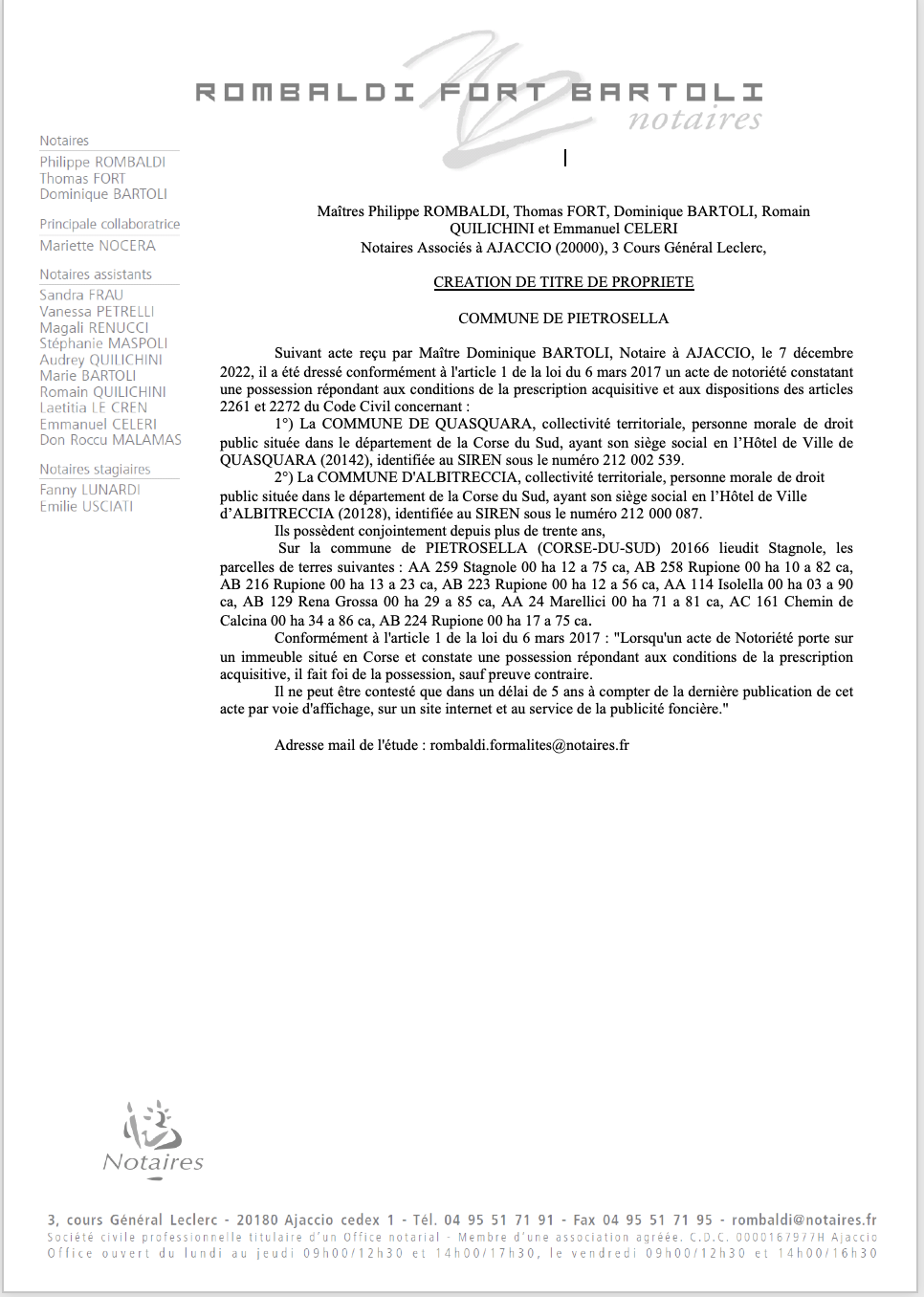 Avis de création de titre de propriété - Commune de Pitrusedda (Pumonti)
