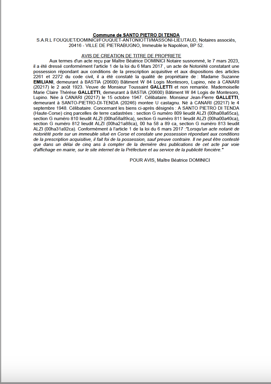 Avis de création de titre de propriété - Commune de Santu Petru di Tenda (Cismonte)