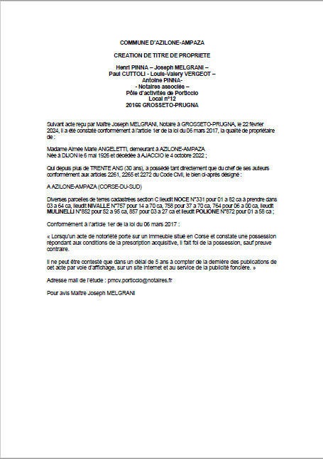 Avis de création de titre de propriété - Commune d'Azilonu è Ampaza (Pumonti)