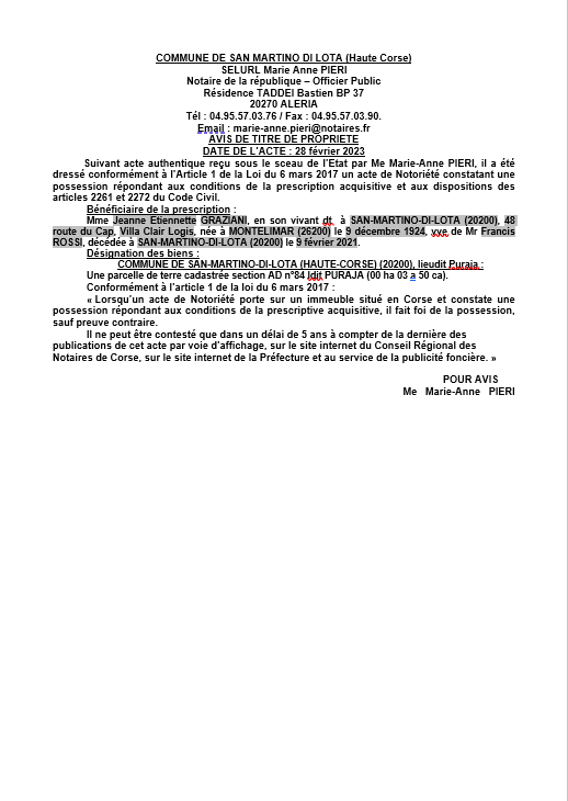 Avis de création de titre de propriété - Commune de Santa Maria di lota (Cismonte)