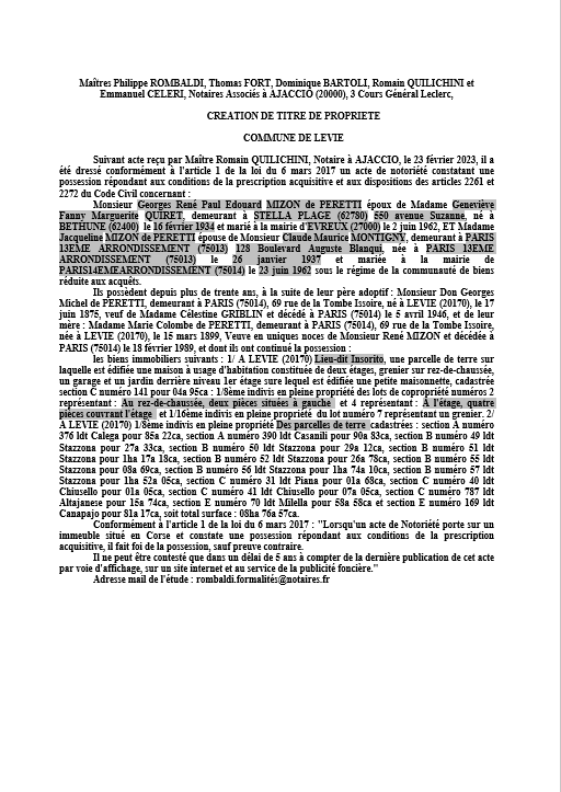 Avis de création de titre de propriété - Commune de Livia (Pumonti)