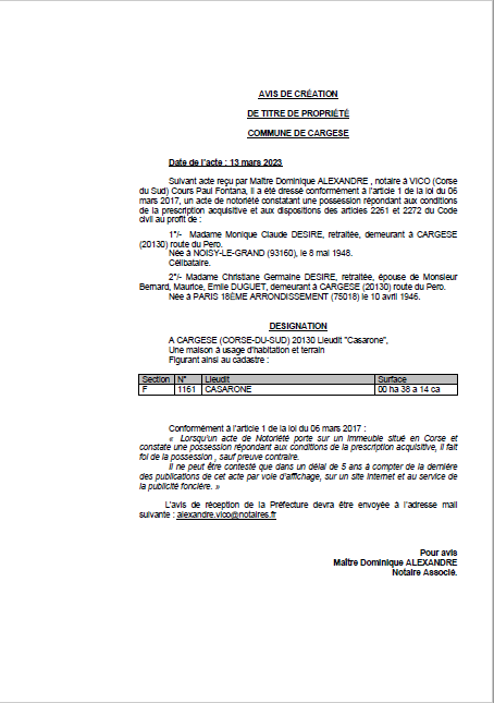 Avis de création de titre de propriété - Commune de Carghjese (Pumonti)