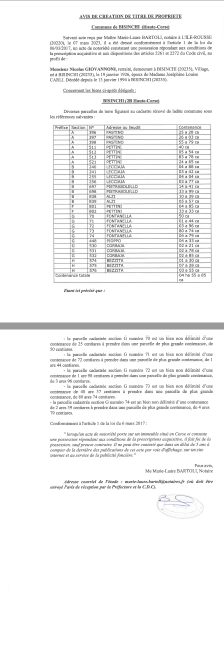 Avis de création de titre de propriété - Commune de Bisinchi (Cismonte)