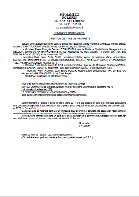 Avis de création de titre de propriété - Commune de Bastia (Cismonte)
