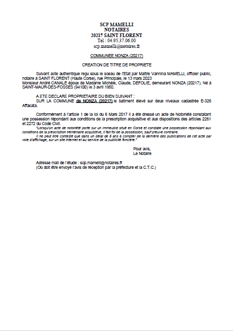 Avis de création de titre de propriété - Commune de Nonza (Cismonte)