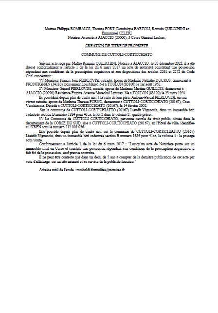 Avis de création de titre de propriété - Commune de Cutuli è Curtichjatu (Pumonti)