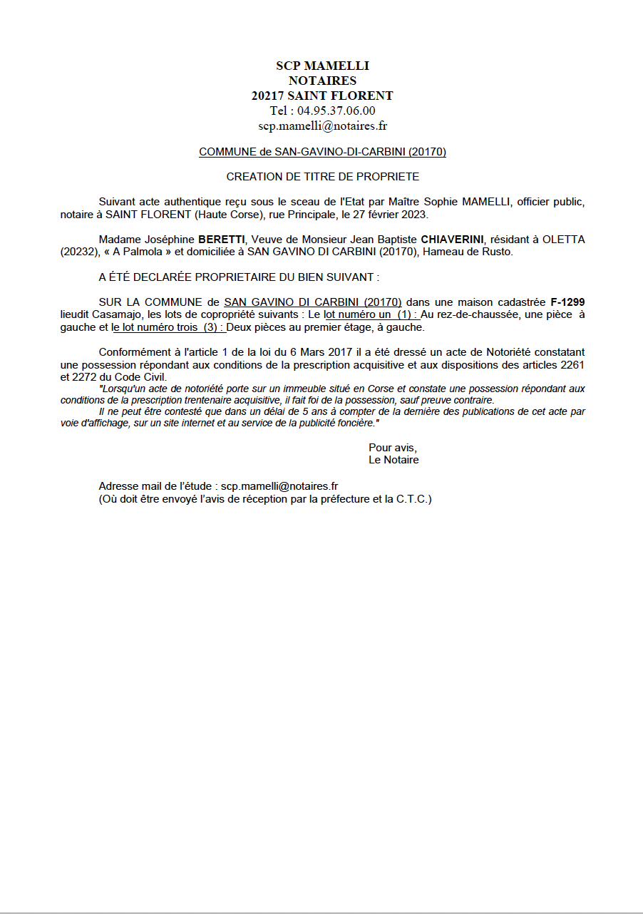 Avis de création de titre de propriété - Commune de San Gavinu di Carbini (Pumonti)