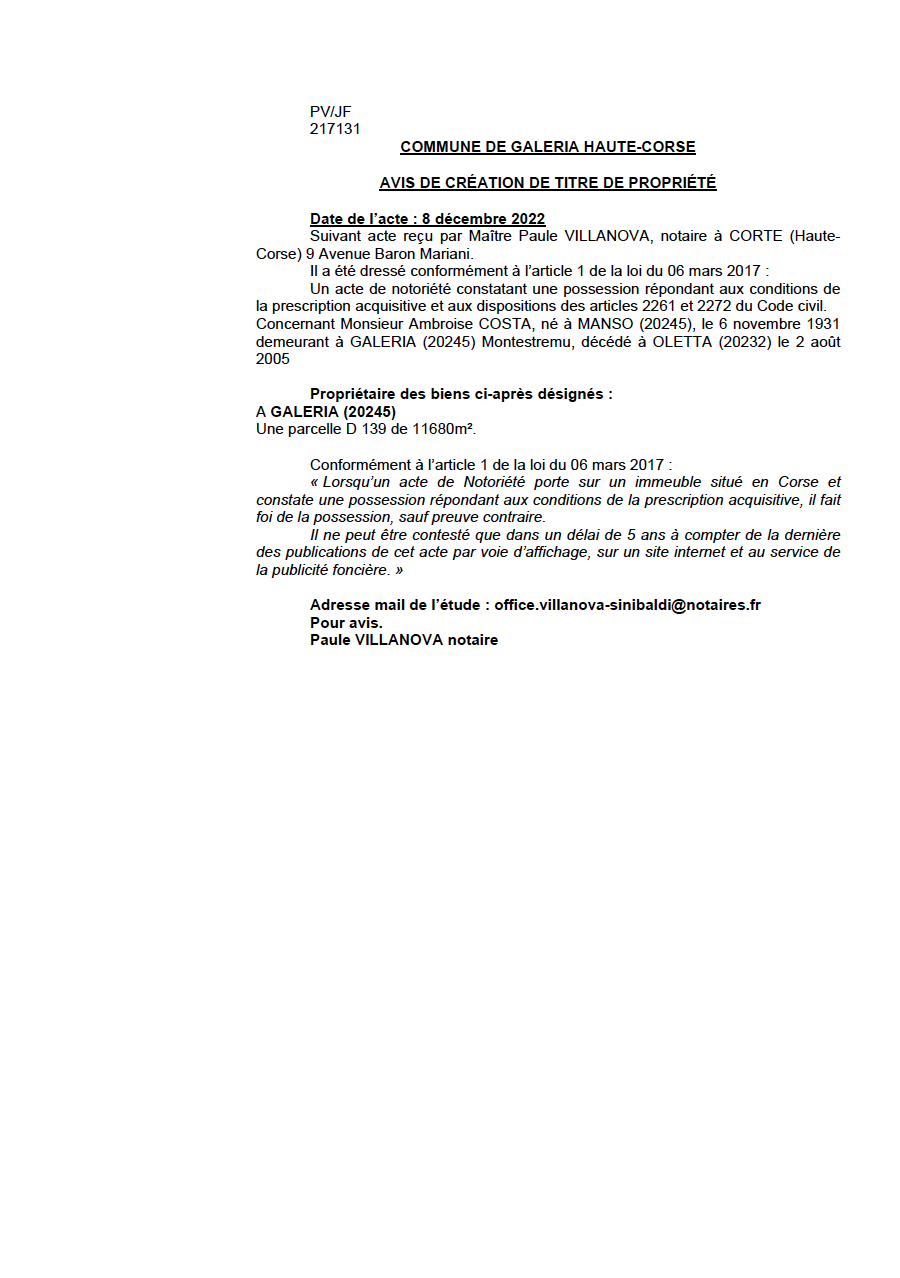 Avis de création de titre de propriété - Commune de Galeria (Cismonte)