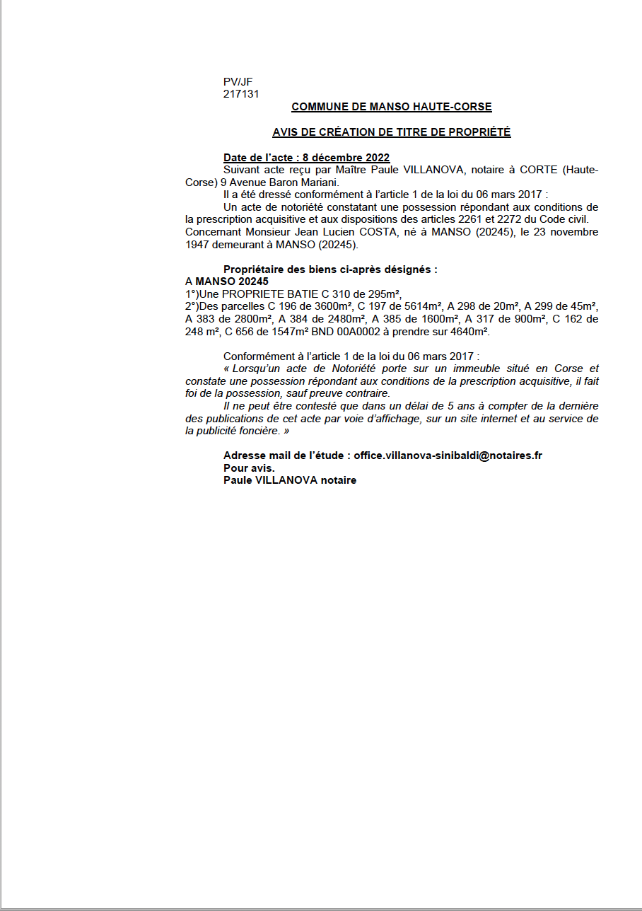 Avis de création de titre de propriété - Commune de U Mansu (Cismonte)